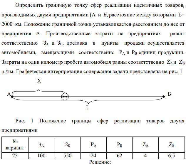 Определить граничную точку сфер реализации идентичных товаров, производимых двумя предприятиями (А и Б, расстояние между которыми L= 2000 км. Положение граничной точки устанавливается расстоянием до нее от предприятия А. Производственные затраты на предприятиях равны соответственно ЗA и ЗВ, доставка в пункты продажи осуществляется автомобилями, вмещающими соответственно PА и РВ единиц продукции. Затраты на один километр пробега автомобиля равны соответственно ZА и ZВ р./км. Графическая интерпретация содержания задачи представлена на рис. 1 