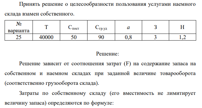 Принять решение о целесообразности пользования услугами наемного склада взамен собственного. 