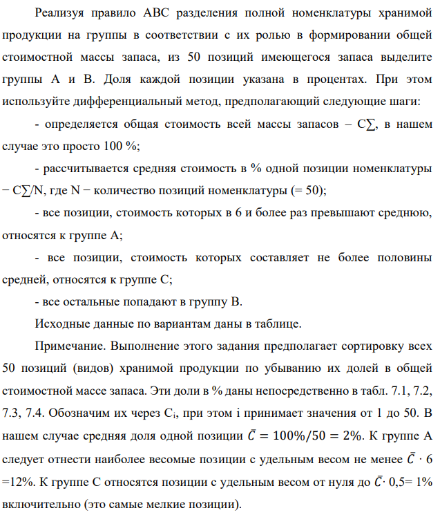 Реализуя правило АВС разделения полной номенклатуры хранимой продукции на группы в соответствии с их ролью в формировании общей стоимостной массы запаса, из 50 позиций имеющегося запаса выделите группы А и В. Доля каждой позиции указана в процентах. При этом используйте дифференциальный метод, предполагающий следующие шаги: - определяется общая стоимость всей массы запасов – С∑, в нашем случае это просто 100 %; - рассчитывается средняя стоимость в % одной позиции номенклатуры − С∑/N, где N − количество позиций номенклатуры (= 50); - все позиции, стоимость которых в 6 и более раз превышают среднюю, относятся к группе А; - все позиции, стоимость которых составляет не более половины средней, относятся к группе С; - все остальные попадают в группу В. Исходные данные по вариантам даны в таблице. Примечание. Выполнение этого задания предполагает сортировку всех 50 позиций (видов) хранимой продукции по убыванию их долей в общей стоимостной массе запаса. Эти доли в % даны непосредственно в табл. 7.1, 7.2, 7.3, 7.4. Обозначим их через Ci, при этом i принимает значения от 1 до 50. В нашем случае средняя доля одной позиции 𝐶̅= 100%/50 = 2%. К группе А следует отнести наиболее весомые позиции с удельным весом не менее 𝐶̅∙ 6 =12%. К группе С относятся позиции с удельным весом от нуля до 𝐶̅∙ 0,5= 1% включительно (это самые мелкие позиции). 35 Все остальные позиции с удельным весом от 1% исключительно до 12% исключительно относятся к группе В (средней по экономической значимости в задачах управления запасами). В случае нашего задания, как и в большинстве практических ситуаций, группа А является самой малочисленной (обычно 2÷3 позиции), группа С, наоборот, обычно не менее 2/3 от всех позиций. Поэтому в ответе рекомендуется привести состав только для групп А и В 