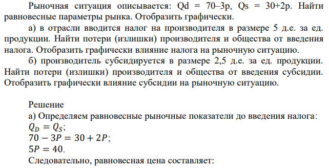 Рыночная ситуация описывается: Qd = 70–3p, Qs = 30+2p. Найти равновесные параметры рынка. Отобразить графически. а) в отрасли вводится налог на производителя в размере 5 д.е. за ед. продукции. Найти потери (излишки) производителя и общества от введения налога. Отобразить графически влияние налога на рыночную ситуацию. б) производитель субсидируется в размере 2,5 д.е. за ед. продукции. Найти потери (излишки) производителя и общества от введения субсидии. Отобразить графически влияние субсидии на рыночную ситуацию. 