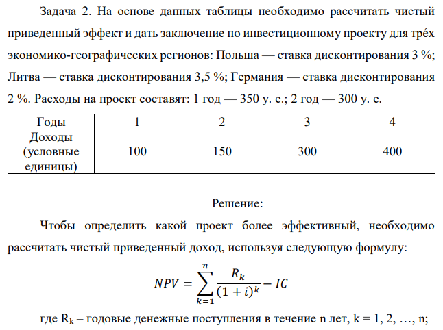 На основе данных таблицы необходимо рассчитать чистый приведенный эффект и дать заключение по инвестиционному проекту для трéх экономико-географических регионов: Польша — ставка дисконтирования 3 %; Литва — ставка дисконтирования 3,5 %; Германия — ставка дисконтирования 2 %. Расходы на проект составят: 1 год — 350 у. е.; 2 год — 300 у. е. 