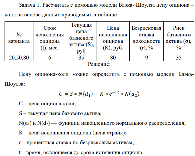 Рассчитать с помощью модели Блэка- Шоулза цену опциона – колл на основе данных приводимых в таблице 