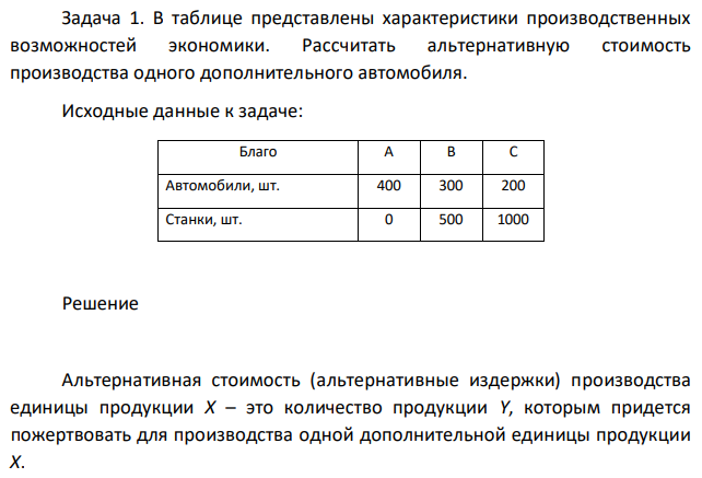  В таблице представлены характеристики производственных возможностей экономики. Рассчитать альтернативную стоимость производства одного дополнительного автомобиля. 