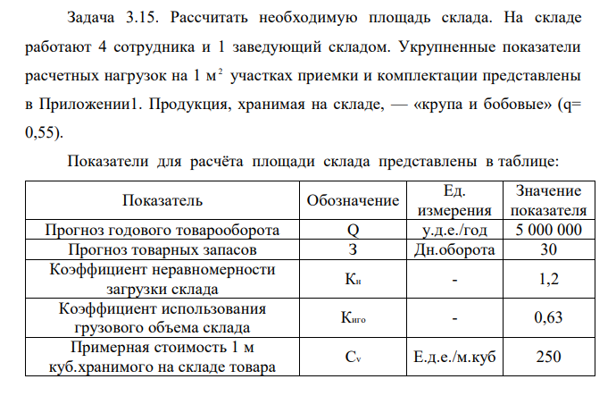 Рассчитать необходимую площадь склада. На складе работают 4 сотрудника и 1 заведующий складом. Укрупненные показатели расчетных нагрузок на 1 м 2 участках приемки и комплектации представлены в Приложении1. Продукция, хранимая на складе, — «крупа и бобовые» (q= 0,55).  