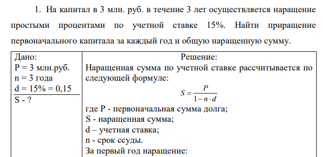  На капитал в 3 млн. руб. в течение 3 лет осуществляется наращение простыми процентами по учетной ставке 15%. Найти приращение первоначального капитала за каждый год и общую наращенную сумму 