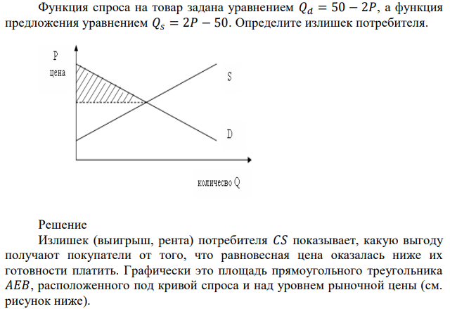 Функция спроса на товар задана уравнением 𝑄𝑑 = 50 − 2𝑃, а функция предложения уравнением 𝑄𝑠 = 2𝑃 − 50. Определите излишек потребителя. 