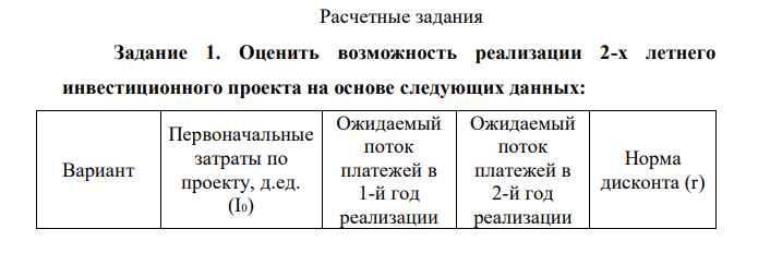 Оценить возможность реализации 2-х летнего инвестиционного проекта на основе следующих данных: Вариант Первоначальные затраты по проекту, д.ед. (I0) Ожидаемый поток платежей в 1-й год реализации Ожидаемый поток платежей в 2-й год реализации Норма дисконта (r) проекта, д.ед. (CF1) проекта, д.ед. (CF2) 10 573 315 179 0,34 