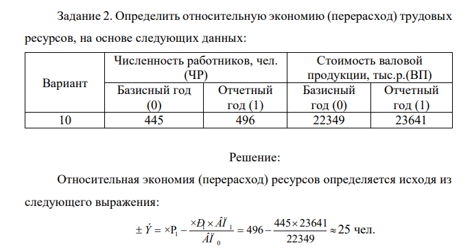 Определить относительную экономию (перерасход) трудовых ресурсов, на основе следующих данных: Вариант Численность работников, чел. (ЧР) Стоимость валовой продукции, тыс.р.(ВП) Базисный год (0) Отчетный год (1) Базисный год (0) Отчетный год (1) 10 445 496 22349 23641