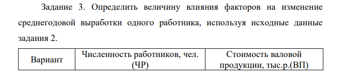 Определить величину влияния факторов на изменение среднегодовой выработки одного работника, используя исходные данные задания 2. 