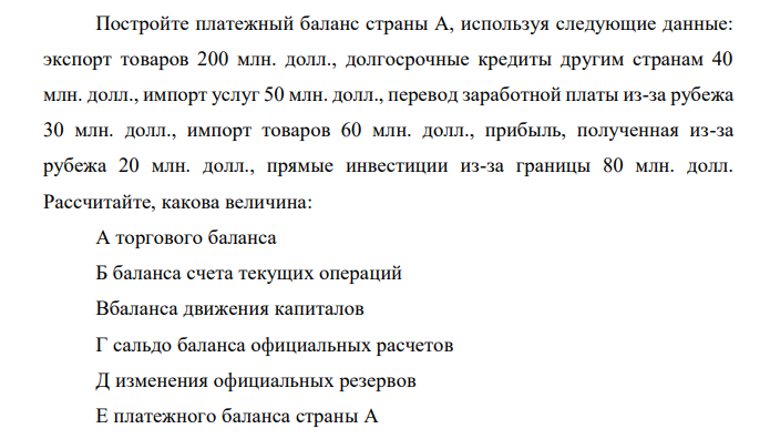 Постройте платежный баланс страны А, используя следующие данные: экспорт товаров 200 млн. долл., долгосрочные кредиты другим странам 40 млн. долл., импорт услуг 50 млн. долл., перевод заработной платы из-за рубежа 30 млн. долл., импорт товаров 60 млн. долл., прибыль, полученная из-за рубежа 20 млн. долл., прямые инвестиции из-за границы 80 млн. долл. Рассчитайте, какова величина: А торгового баланса Б баланса счета текущих операций Вбаланса движения капиталов Г сальдо баланса официальных расчетов Д изменения официальных резервов Е платежного баланса страны А 