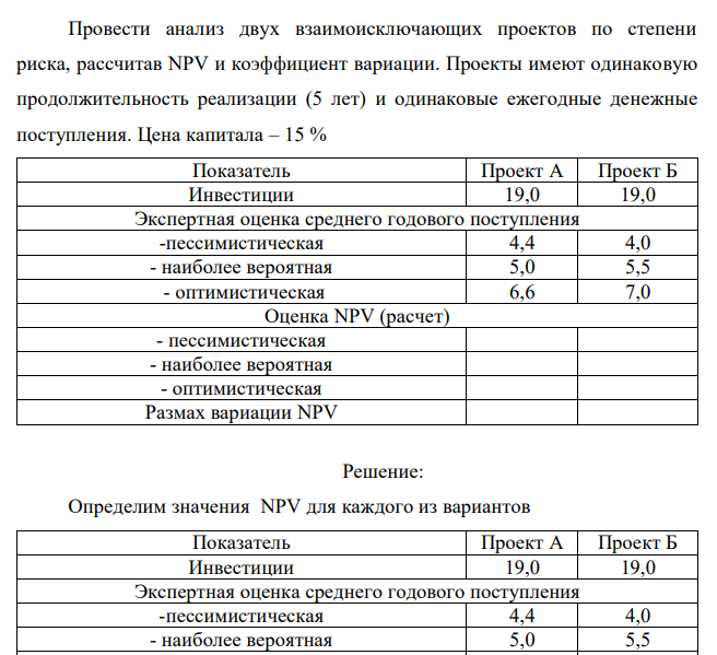  Провести анализ двух взаимоисключающих проектов по степени риска, рассчитав NPV и коэффициент вариации. Проекты имеют одинаковую продолжительность реализации (5 лет) и одинаковые ежегодные денежные поступления. Цена капитала – 15 % 