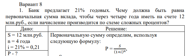 Банк предлагает 21% годовых. Чему должна быть равна первоначальная сумма вклада, чтобы через четыре года иметь на счете 12 млн.руб., если начисление производится по схеме сложных процентов? 