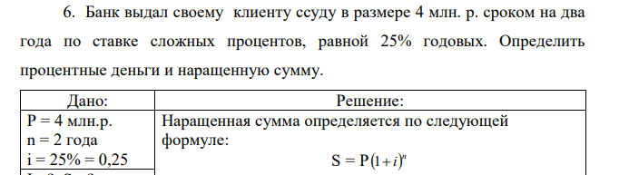 Банк выдал своему клиенту ссуду в размере 4 млн. р. сроком на два года по ставке сложных процентов, равной 25% годовых. Определить процентные деньги и наращенную сумму. 