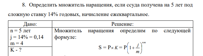 Определить множитель наращения, если ссуда получена на 5 лет под сложную ставку 14% годовых, начисление ежеквартальное. 