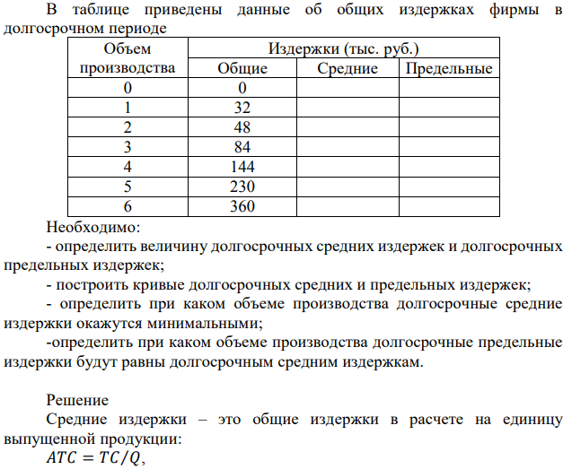 В таблице приведены данные об общих издержках фирмы в долгосрочном периоде.  Необходимо: - определить величину долгосрочных средних издержек и долгосрочных предельных издержек; - построить кривые долгосрочных средних и предельных издержек; - определить при каком объеме производства долгосрочные средние издержки окажутся минимальными; -определить при каком объеме производства долгосрочные предельные издержки будут равны долгосрочным средним издержкам. 