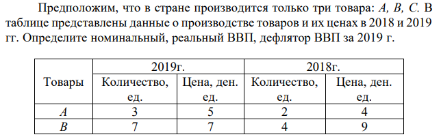 Предположим, что в стране производится только три товара: А, В, С. В таблице представлены данные о производстве товаров и их ценах в 2018 и 2019 гг. Определите номинальный, реальный ВВП, дефлятор ВВП за 2019 г. 