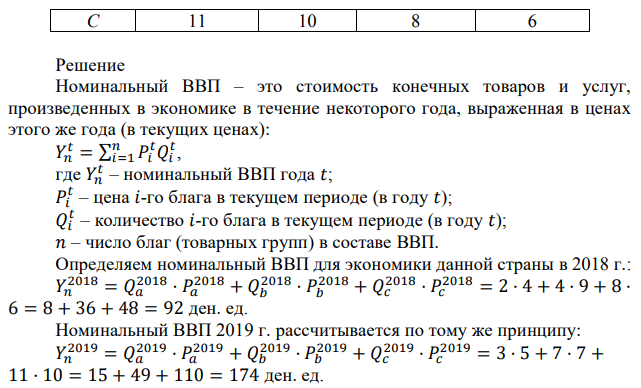 Предположим, что в стране производится только три товара: А, В, С. В таблице представлены данные о производстве товаров и их ценах в 2018 и 2019 гг. Определите номинальный, реальный ВВП, дефлятор ВВП за 2019 г. 