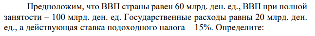 Предположим, что ВВП страны равен 60 млрд. ден. ед., ВВП при полной занятости – 100 млрд. ден. ед. Государственные расходы равны 20 млрд. ден. ед., а действующая ставка подоходного налога – 15%. Определите: а) фактический, б) структурный, в) циклический дефицит государственного бюджета. 