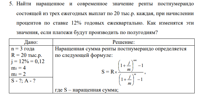 Найти наращенное и современное значение ренты постнумерандо состоящей из трех ежегодных выплат по 20 тыс.р. каждая, при начислении процентов по ставке 12% годовых ежеквартально. Как изменятся эти значения, если платежи будут производить по полугодиям?  