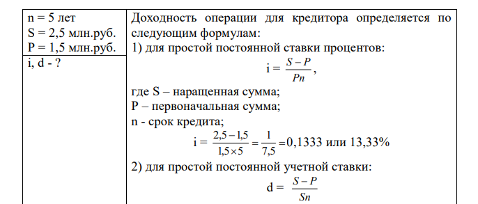 В контракте предусматривается при погашении обязательства через (5+М) лет оплатить (2,5+М) миллионов рублей. Первоначальная сумма ссуды (1,5+М) миллионов рублей. Определить доходность операции для кредитора в виде: 1) простой постоянной ставки процентов; 2) простой постоянной учетной ставки; 3) ложной постоянной ставки процентов; 4) сложной постоянной учетной ставки.  