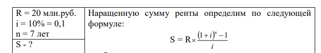 НПФ заключил договор с коммерческим банком на следующих условиях. НПФ в конце каждого года вносит в банк (20+М) млн.руб., на которые начисляются сложные проценты по ставке 10% годовых. Определить накопленную за 7 лет сумму.  