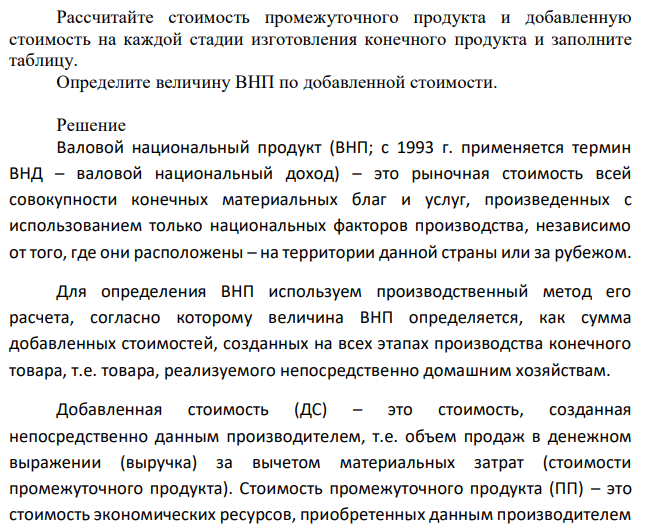 Исходные данные для решения задачи помещены в таблице, где показана последовательность производственного процесса изготовления конечного продукта «шерстяного костюма».  Рассчитайте стоимость промежуточного продукта и добавленную стоимость на каждой стадии изготовления конечного продукта и заполните таблицу. Определите величину ВНП по добавленной стоимости. 