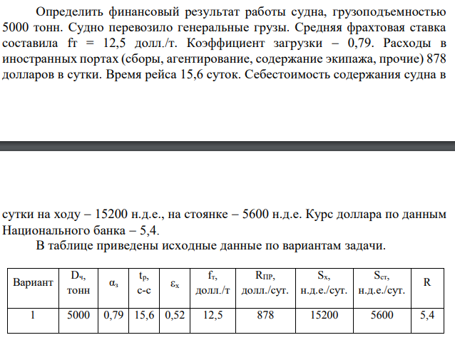 Определить финансовый результат работы судна, грузоподъемностью 5000 тонн. Судно перевозило генеральные грузы. Средняя фрахтовая ставка составила fт = 12,5 долл./т. Коэффициент загрузки  0,79. Расходы в иностранных портах (сборы, агентирование, содержание экипажа, прочие) 878 долларов в сутки. Время рейса 15,6 суток. Себестоимость содержания судна в  сутки на ходу  15200 н.д.е., на стоянке  5600 н.д.е. Курс доллара по данным Национального банка  5,4. 