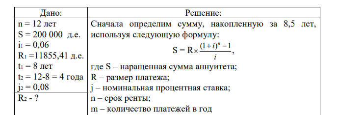 (Член ренты). Фирма планирует купить через 12 лет оборудование за 200 000 д.е. Чтобы осуществить этот план, фирма каждый год вкладывает деньги в резервный фонд для начисления сложных процентов по годовой процентной ставке 0,06. Первоначальные взносы были до 11855,41 д.е. После 8-ми лет банк увеличил годовую процентную ставку до 0,08. Какой величины были взносы в оставшийся период? 