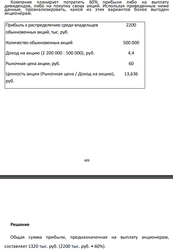  Компания планирует потратить 60% прибыли либо на выплату дивидендов, либо на покупку своих акций. Используя приведенные ниже данные, проанализировать, какой из этих вариантов более выгоден акционерам. 