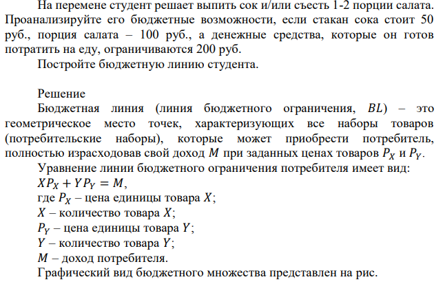 На перемене студент решает выпить сок и/или съесть 1-2 порции салата. Проанализируйте его бюджетные возможности, если стакан сока стоит 50 руб., порция салата – 100 руб., а денежные средства, которые он готов потратить на еду, ограничиваются 200 руб. Постройте бюджетную линию студента. 