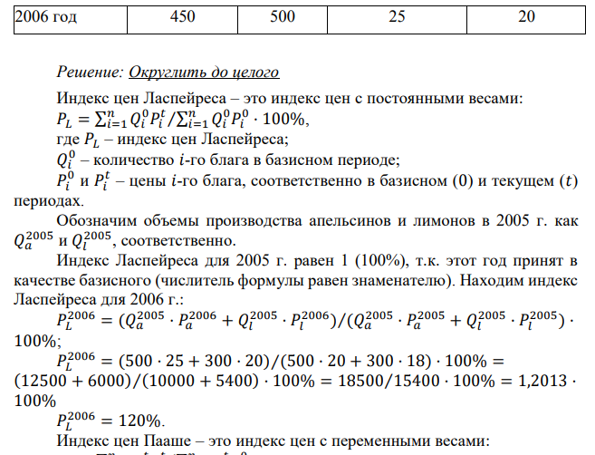 Предположим, что в стране производятся только апельсины и лимоны. В таблице представлены количество и цена за 2 периода. Рассчитайте индекс Ласпейреса и индекс Пааше. 