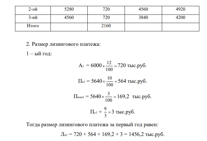 Стоимость сдаваемого в аренду оборудования 6000 тыс. руб. Срок лизинга три года (январь 2000 г. – декабрь 2002 г.) Норма амортизационных отчислений на полное восстановление оборудования 12% годовых. Процентная ставка по привлекаемому кредиту 10% годовых. Согласованный процент комиссии по лизингу 3% годовых. Капитальный ремонт оборудования, его техническое обслуживание осуществляется лизингополучателем. Лизингодатель оказывает лизингополучателю дополнительные услуги, расходы по которым за весь срок аренды составят 9 тыс. руб. Выплаты лизинговых взносов производятся ежегодно равными долями. После окончания срока лизинга арендатор приобретает объект лизинга в собственность исходя из его остаточной стоимости. Необходимо определить: размер лизинговых платежей, остаточную стоимость оборудования и составить график выплат. Рассмотрите задачу по условиям финансового лизинга с полной стоимостью. 