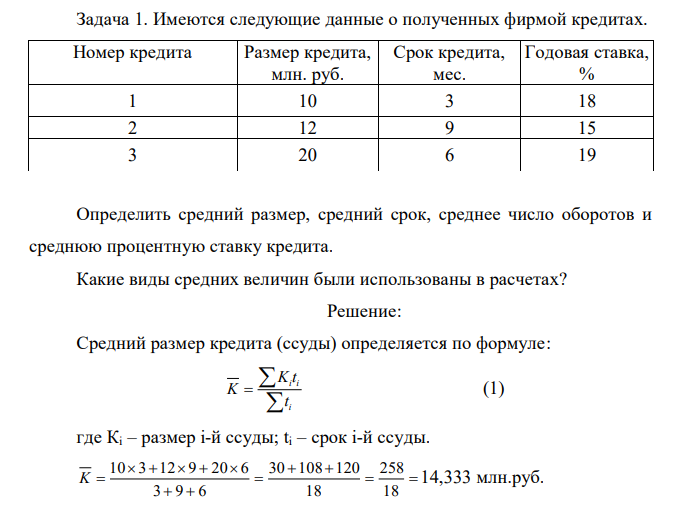Имеются следующие данные о полученных фирмой кредитах. Номер кредита Размер кредита, млн. руб. Срок кредита, мес. Годовая ставка, % 1 10 3 18 2 12 9 15 3 20 6 19 Определить средний размер, средний срок, среднее число оборотов и среднюю процентную ставку кредита. Какие виды средних величин были использованы в расчетах? 