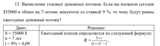 Вычисление годовых денежных потоков. Если вы вложили сегодня $55000 в обмен на 7-летние аннуитета со ставкой 9 %, то чему будут равны ежегодные денежные потоки?  