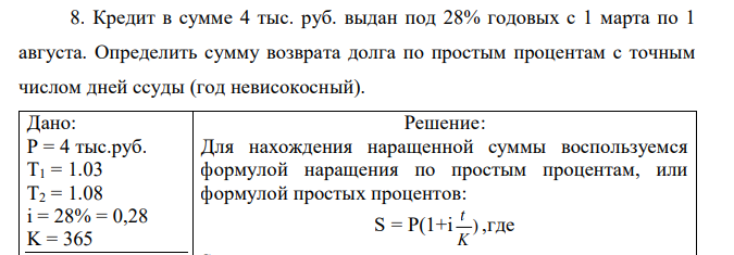 Кредит в сумме 4 тыс. руб. выдан под 28% годовых с 1 марта по 1 августа. Определить сумму возврата долга по простым процентам с точным числом дней ссуды (год невисокосный). 