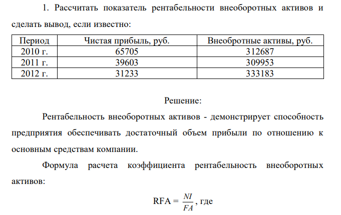 Рассчитать показатель рентабельности внеоборотных активов и сделать вывод, если известно: Период Чистая прибыль, руб. Внеобротные активы, руб. 2010 г. 65705 312687 2011 г. 39603 309953 2012 г. 31233 333183
