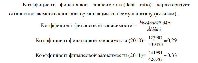 Рассчитайте коэффициент финансовой зависимости за три года и сделайте вывод, если известно: Период Заемный капитал, руб. Капитал, руб. 2010 г. 123907 430423 2011 г. 141991 426387 2012 г. 137170 415972 