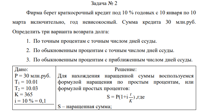 Фирма берет краткосрочный кредит под 10 % годовых с 10 января по 10 марта включительно, год невисокосный. Сумма кредита 30 млн.руб. Определить три варианта возврата долга: 1. По точным процентам с точным числом дней ссуды. 2. По обыкновенным процентам с точным числом дней ссуды. 3. По обыкновенным процентам с приближенным числом дней ссуды.  