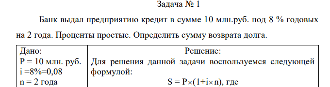 Банк выдал предприятию кредит в сумме 10 млн.руб. под 8 % годовых на 2 года. Проценты простые. Определить сумму возврата долга.  